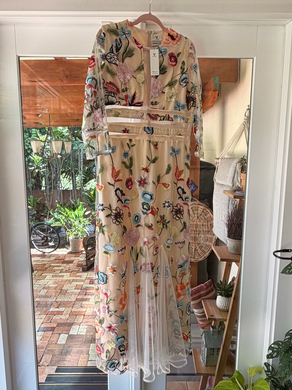 Embroidered Floral Sheer Beige Maxi Dress